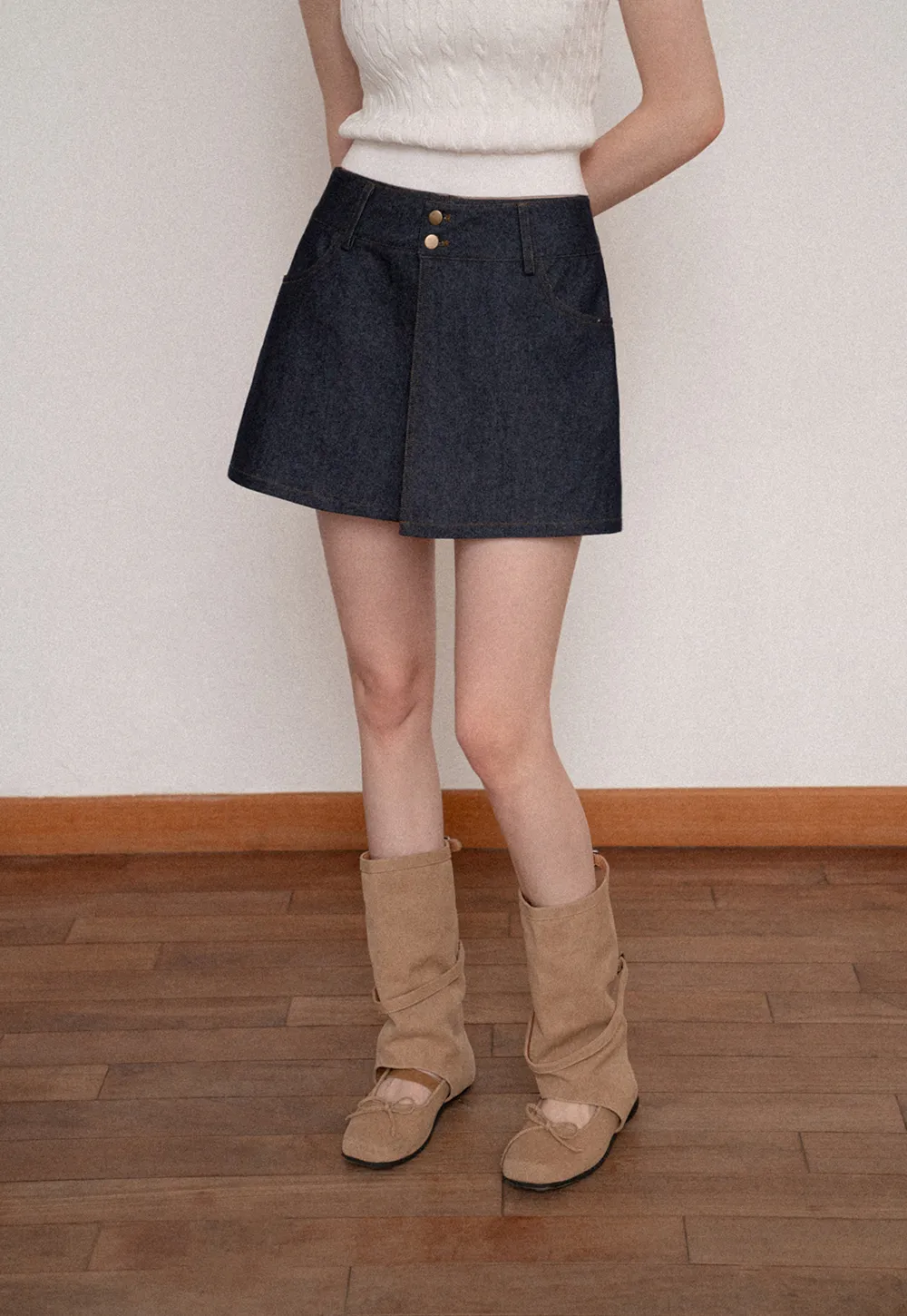 High Waist Double Button Denim A Line Skirt