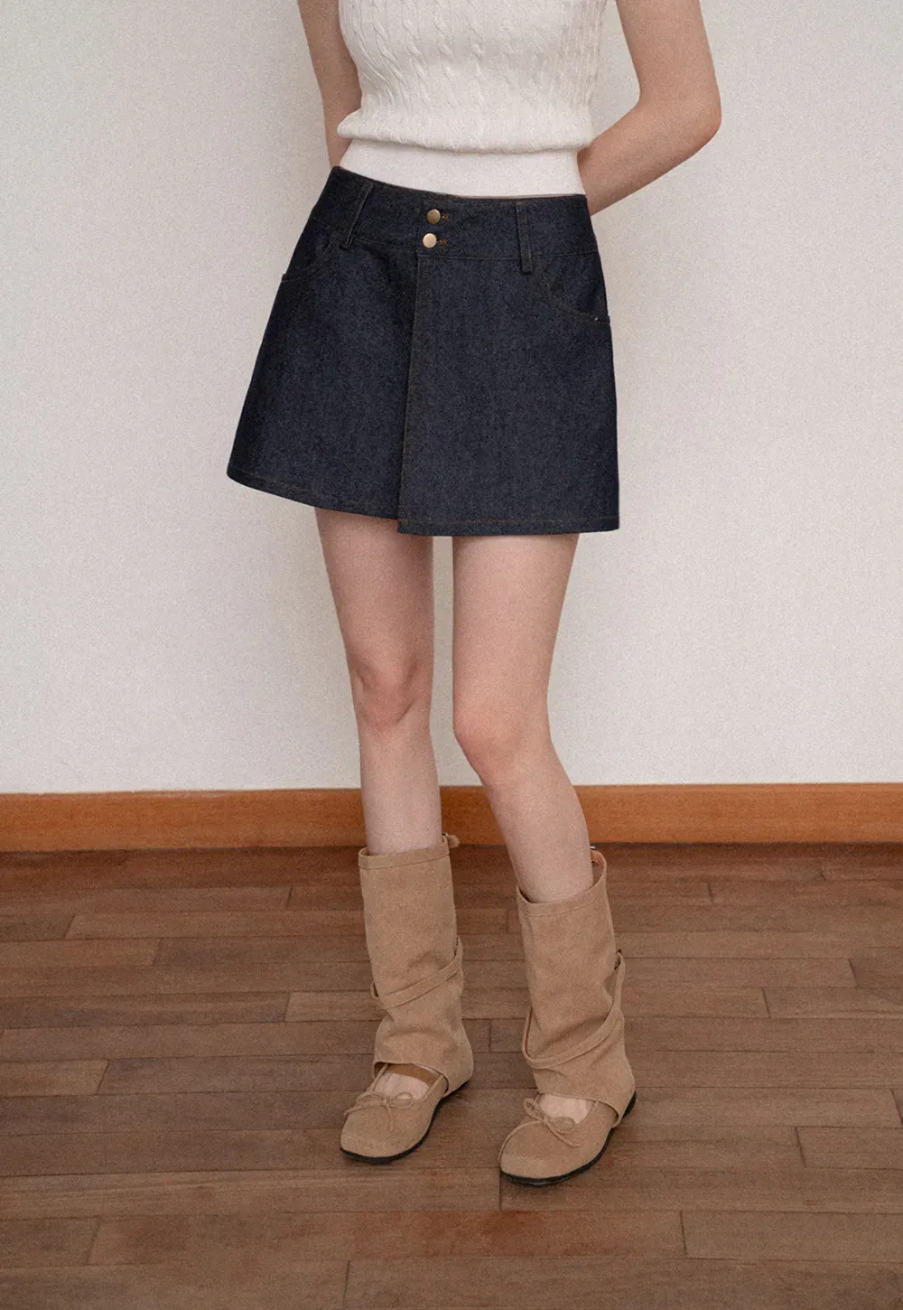 High Waist Double Button Denim A Line Skirt