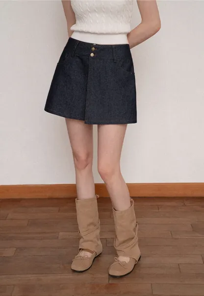 High Waist Double Button Denim A Line Skirt