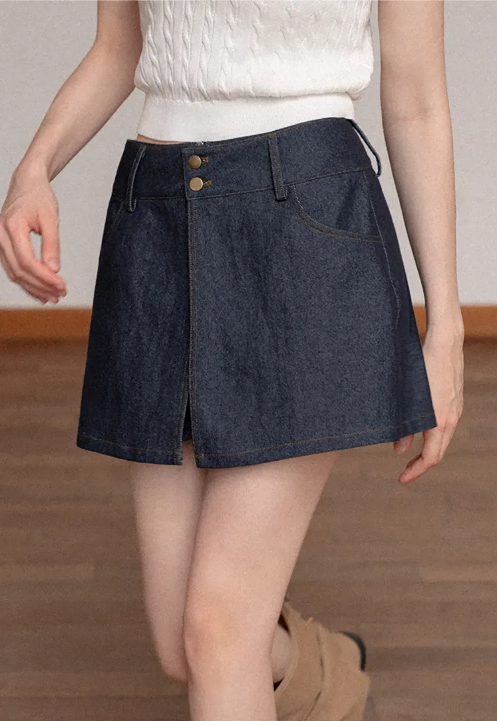 High Waist Double Button Denim A Line Skirt
