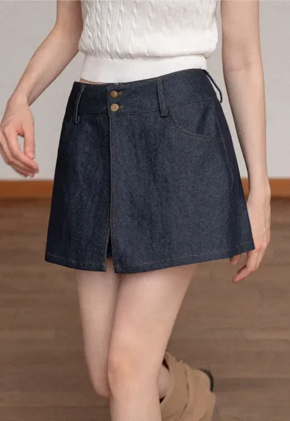 High Waist Double Button Denim A Line Skirt