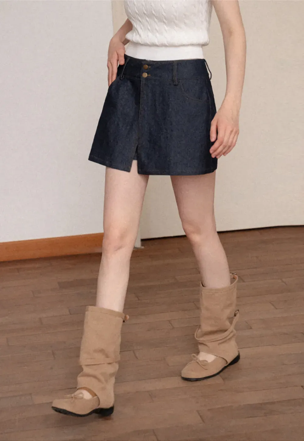 High Waist Double Button Denim A Line Skirt