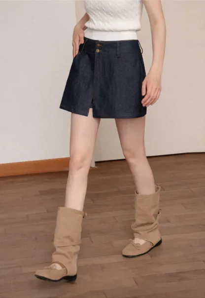 High Waist Double Button Denim A Line Skirt