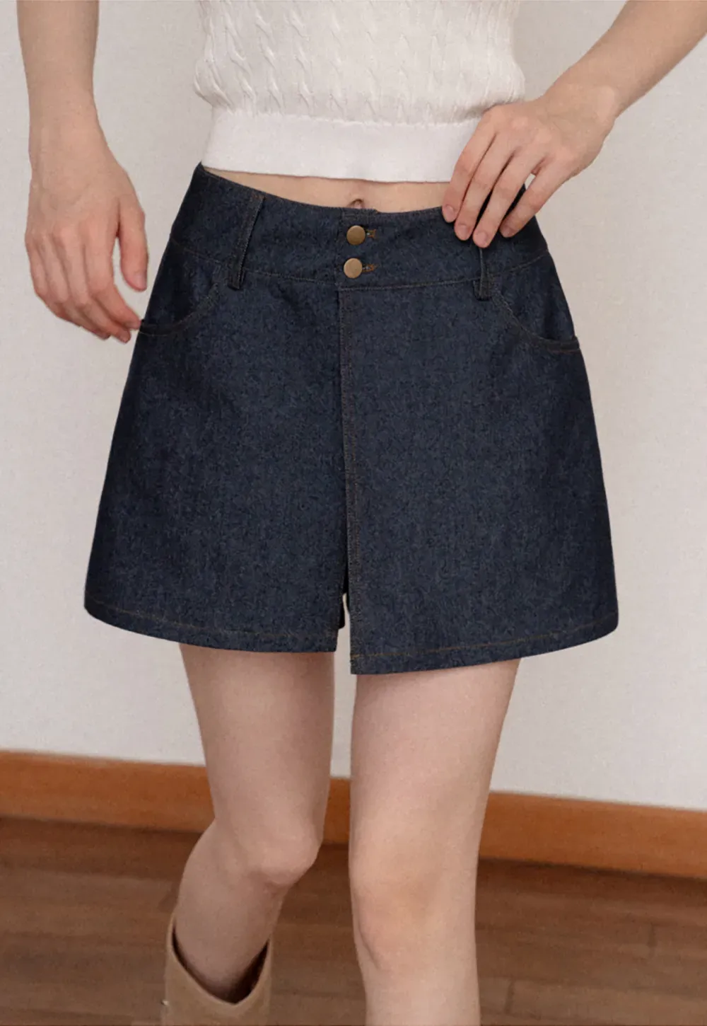 High Waist Double Button Denim A Line Skirt