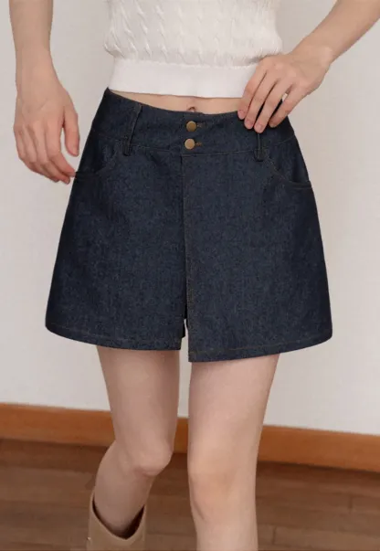 High Waist Double Button Denim A Line Skirt