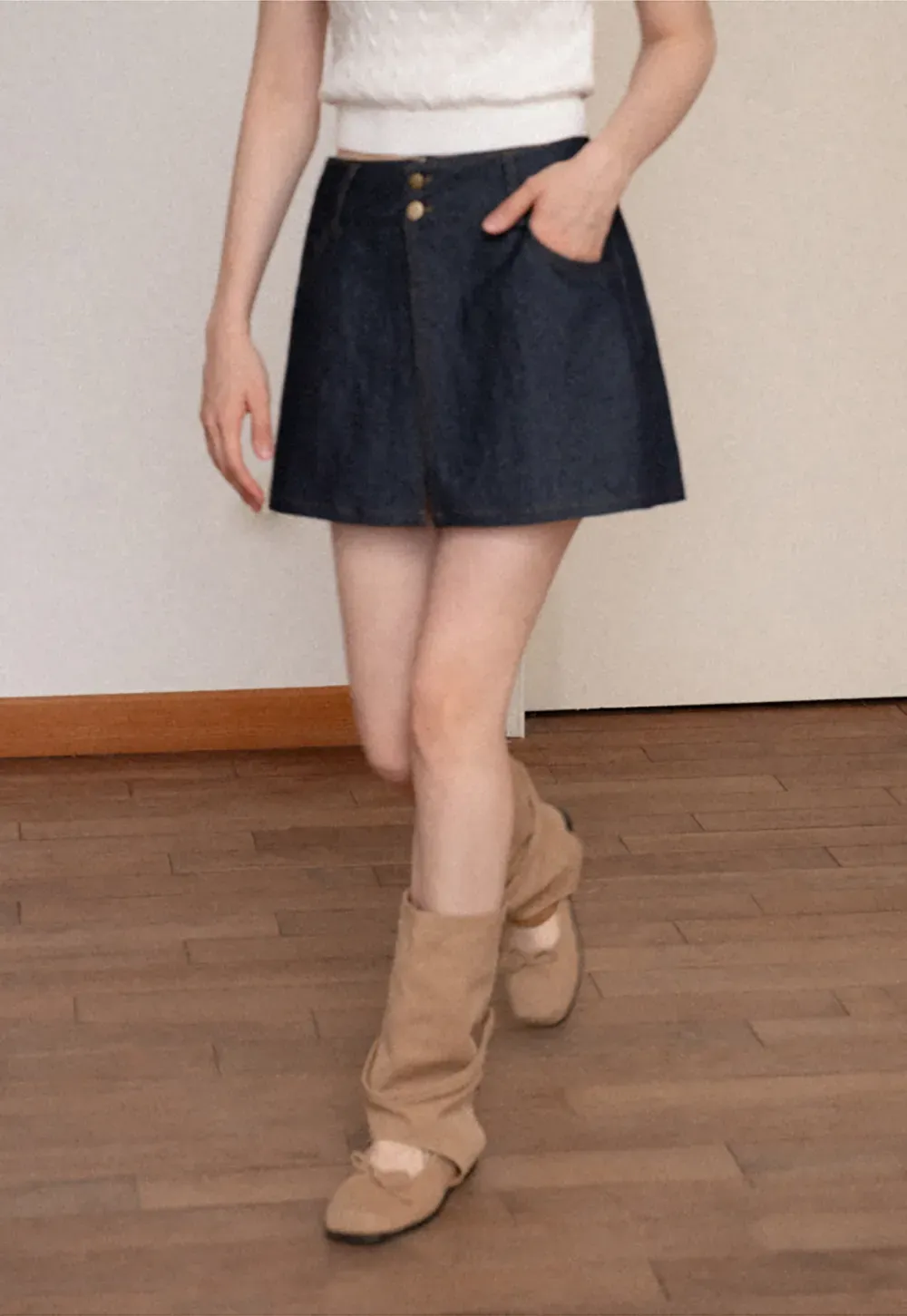 High Waist Double Button Denim A Line Skirt