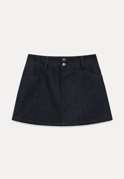 High Waist Double Button Denim A Line Skirt