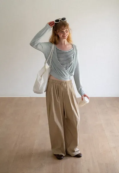 High Waist Drawstring Wide Leg Casual Pants