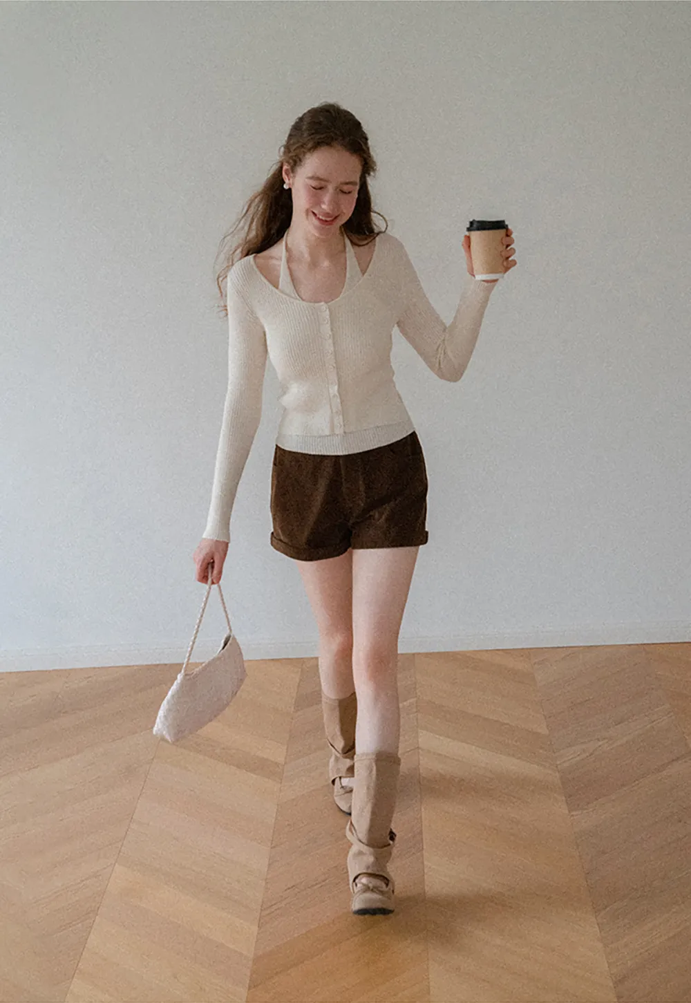 Cropped High Waist Ribbed Knit Casual Pants