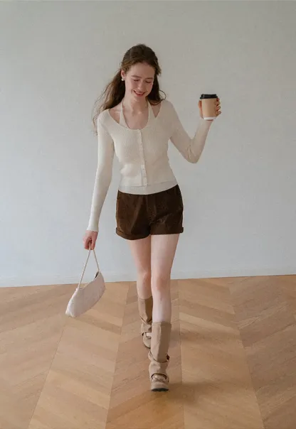 Cropped High Waist Ribbed Knit Casual Pants