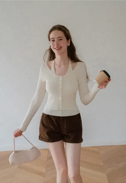 Cropped High Waist Ribbed Knit Casual Pants