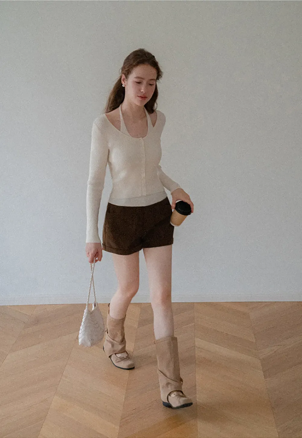 Cropped High Waist Ribbed Knit Casual Pants