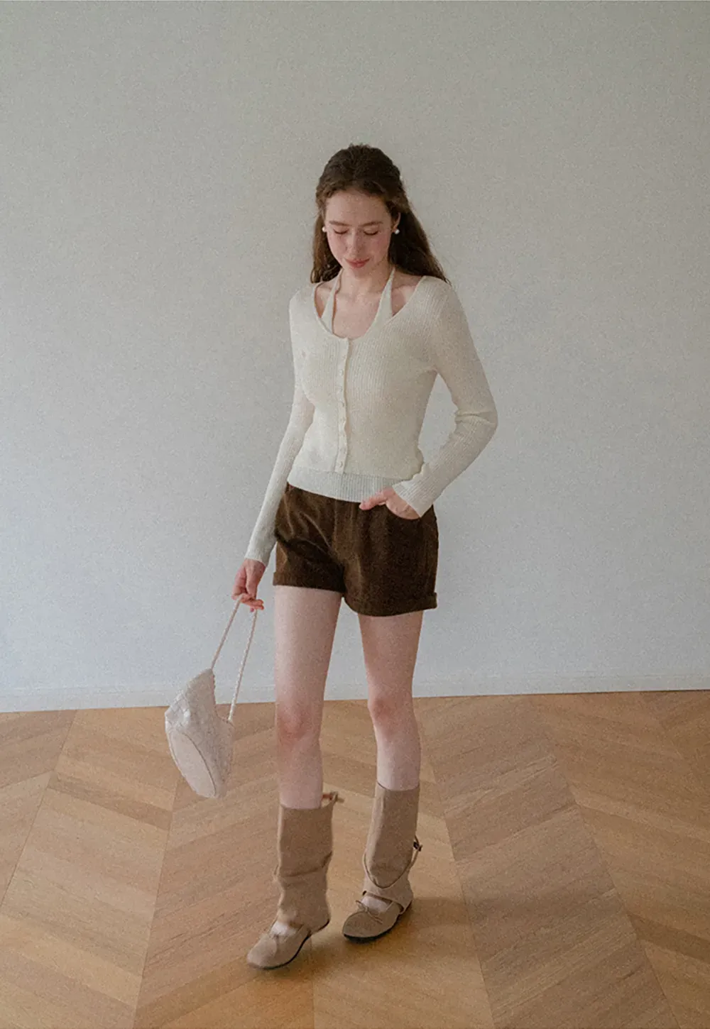 Cropped High Waist Ribbed Knit Casual Pants