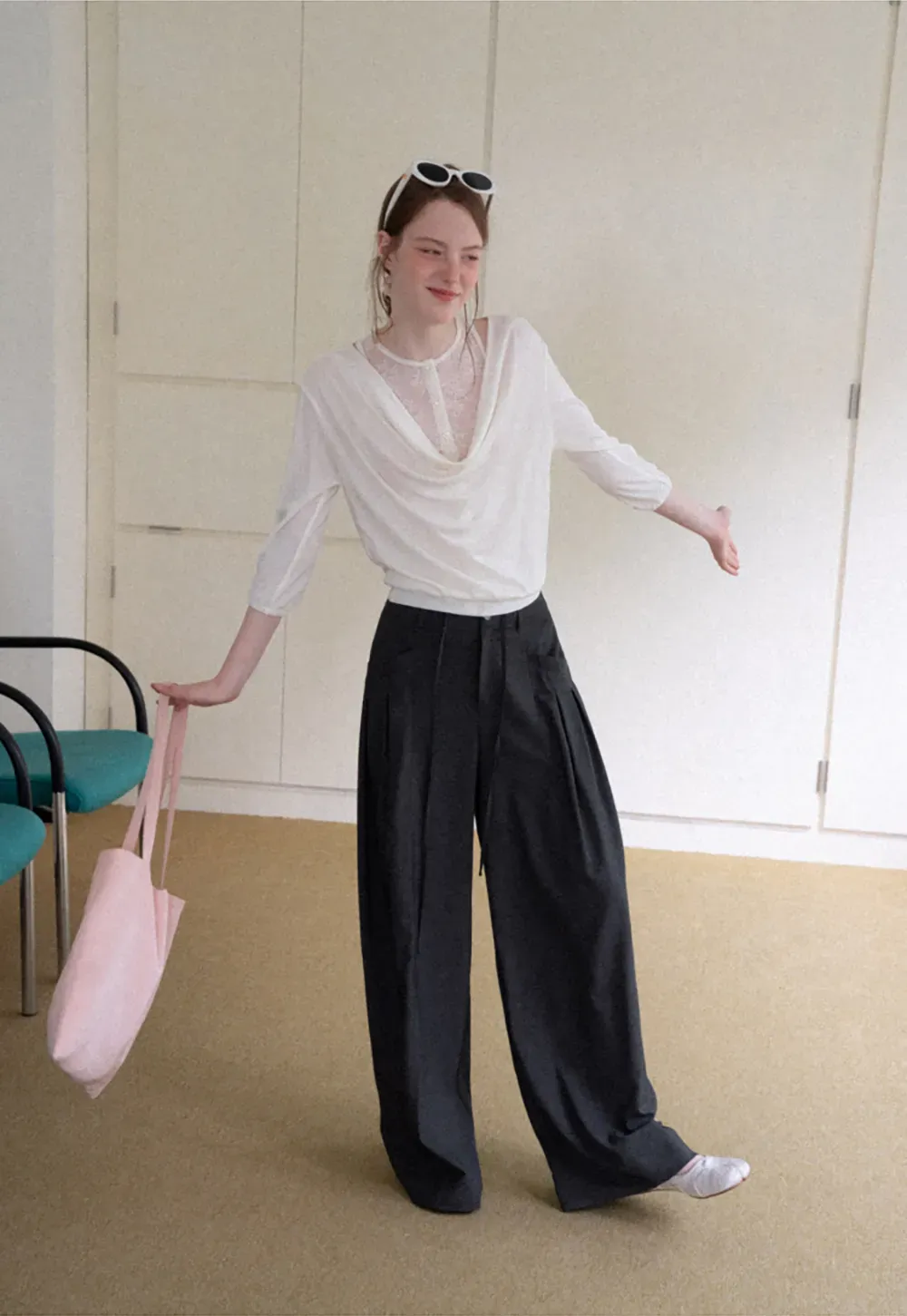 Pleated Wide Leg Drawstring Casual Pants