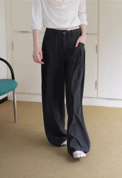Pleated Wide Leg Drawstring Casual Pants