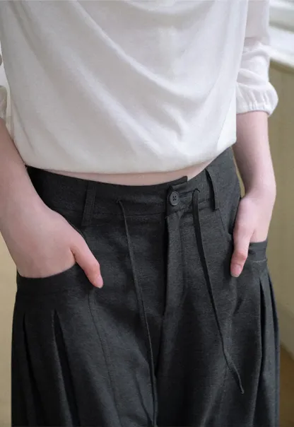 Pleated Wide Leg Drawstring Casual Pants