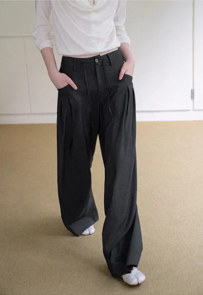 Pleated Wide Leg Drawstring Casual Pants