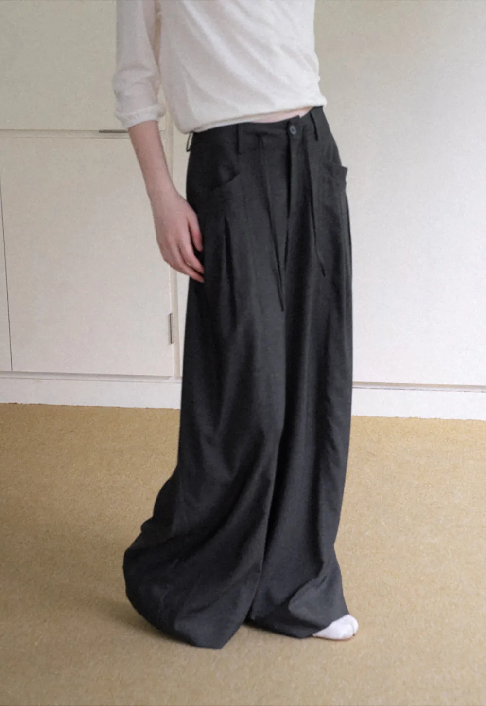 Pleated Wide Leg Drawstring Casual Pants