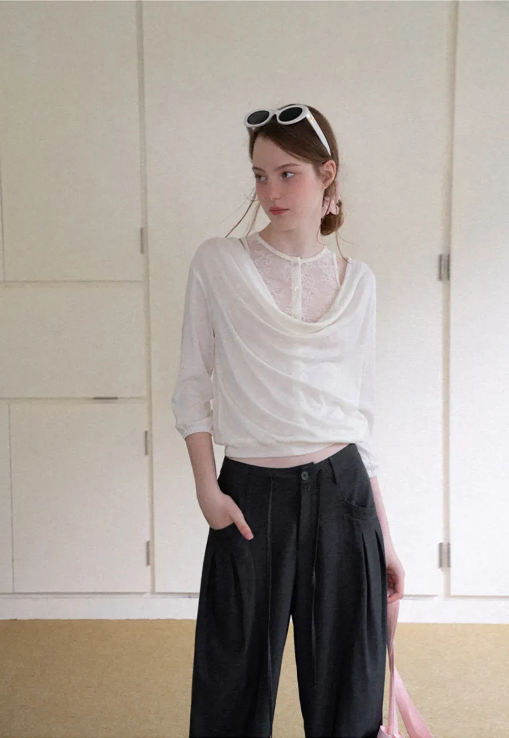 Pleated Wide Leg Drawstring Casual Pants