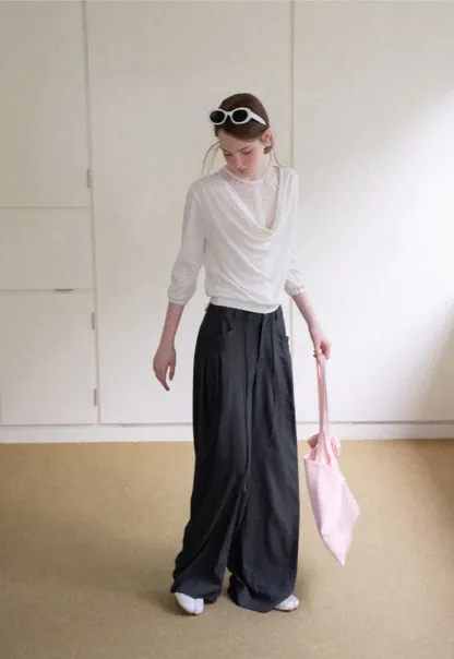 Pleated Wide Leg Drawstring Casual Pants