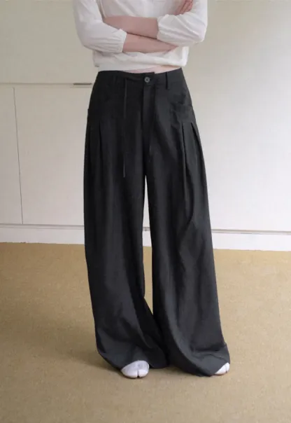 Pleated Wide Leg Drawstring Casual Pants