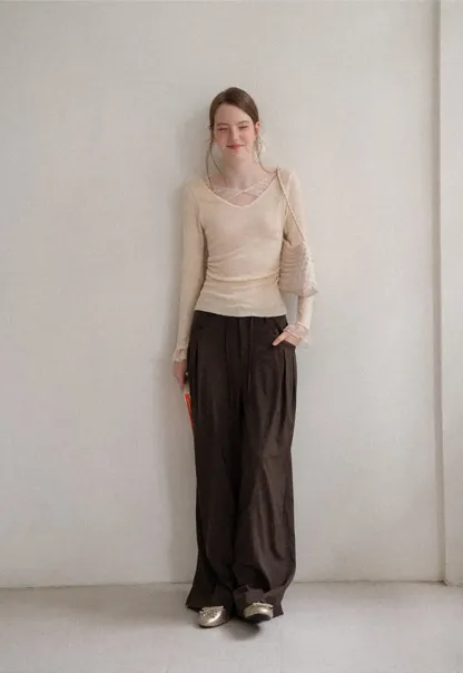 Pleated Wide Leg Drawstring Casual Pants