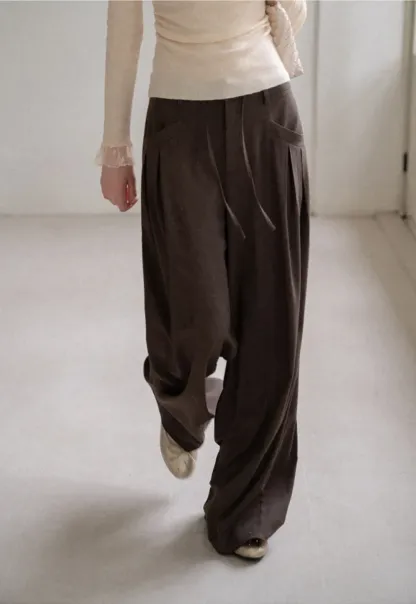 Pleated Wide Leg Drawstring Casual Pants