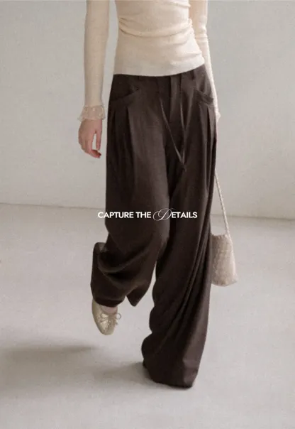 Pleated Wide Leg Drawstring Casual Pants