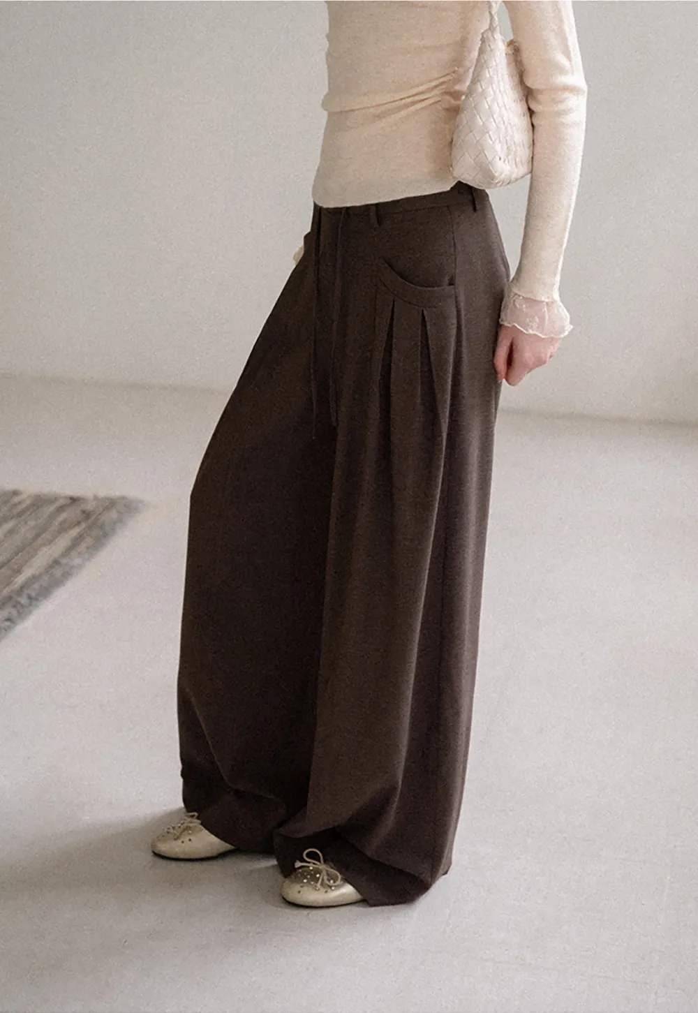 Pleated Wide Leg Drawstring Casual Pants