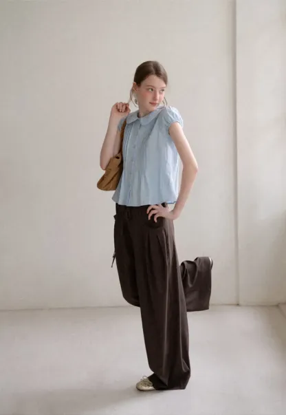 Pleated Wide Leg Drawstring Casual Pants