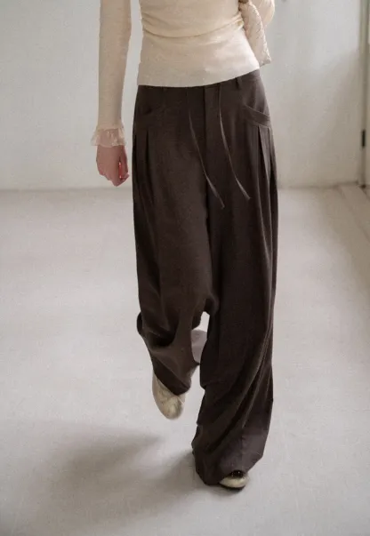 Pleated Wide Leg Drawstring Casual Pants