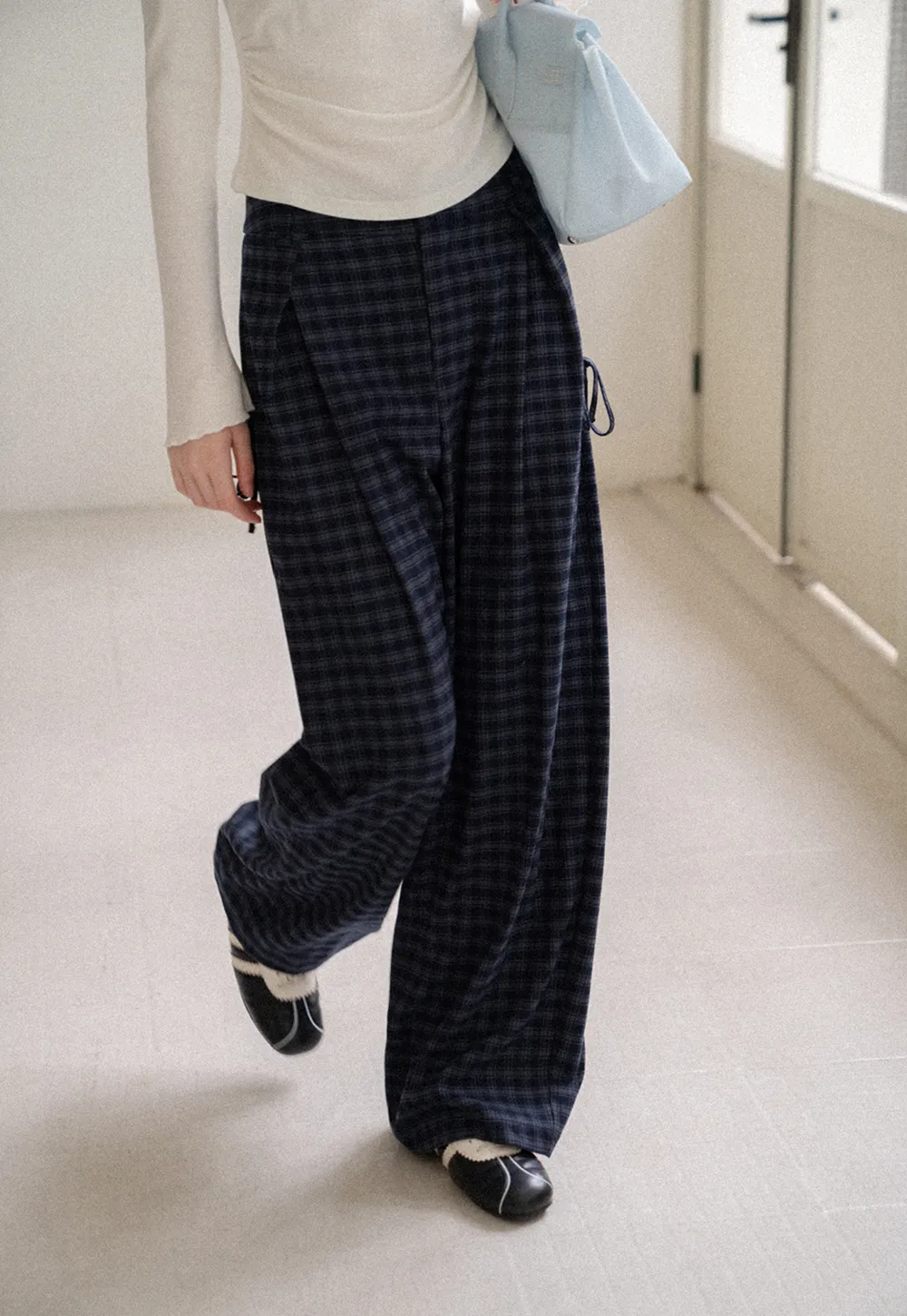 Wide Leg Plaid Pleated Casual Pants