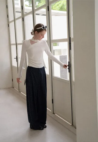 Wide Leg Plaid Pleated Casual Pants