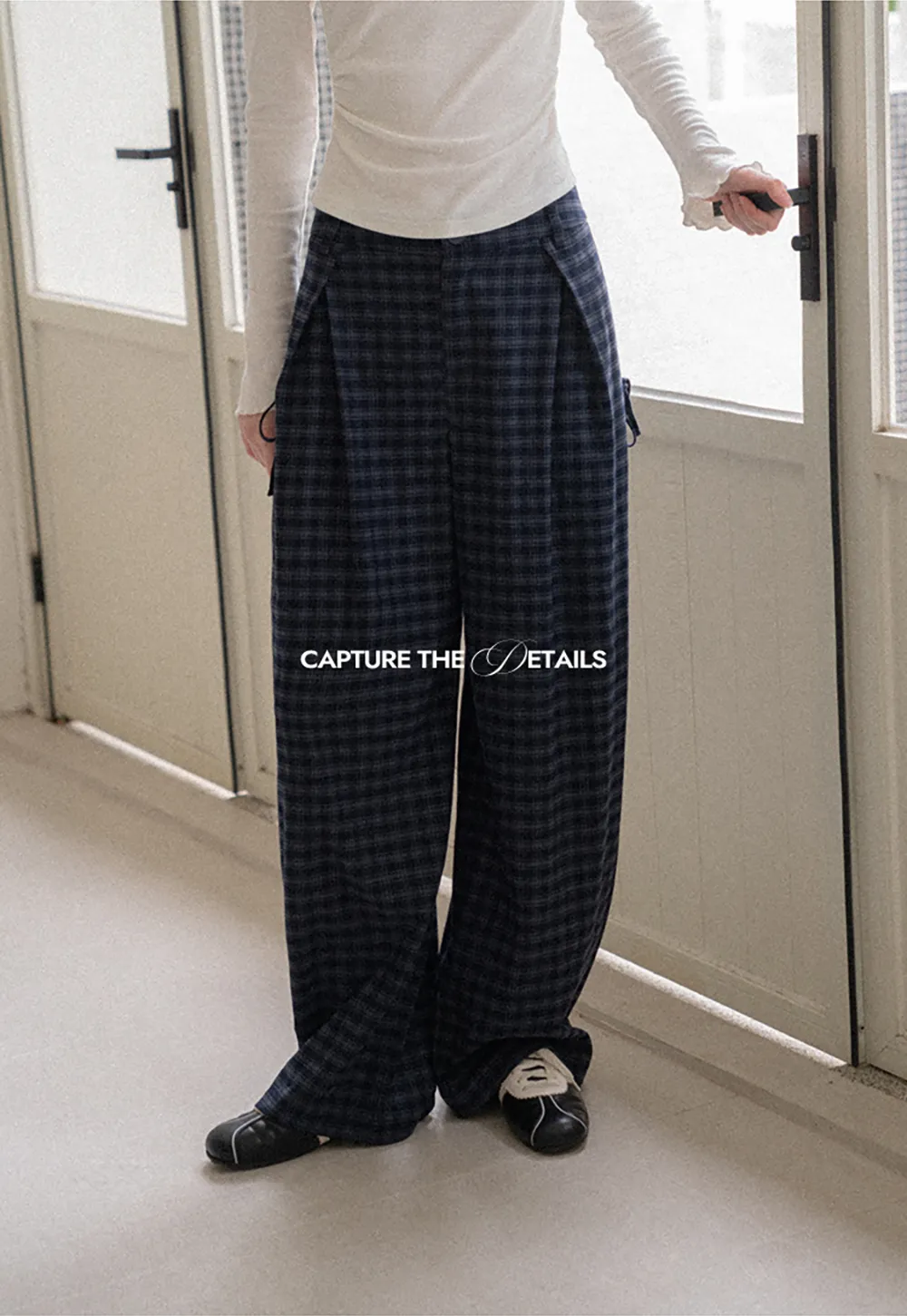 Wide Leg Plaid Pleated Casual Pants