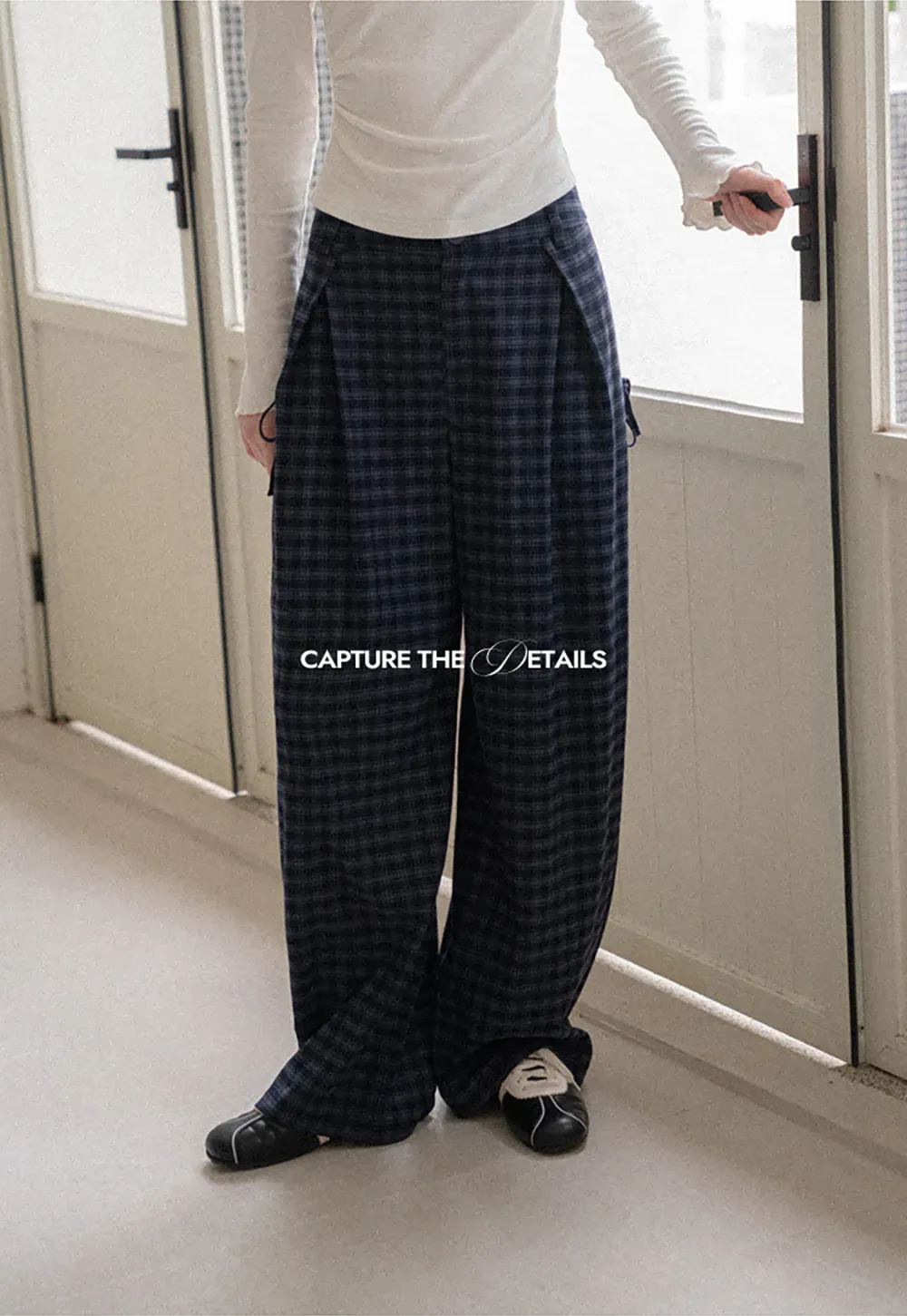 Wide Leg Plaid Pleated Casual Pants