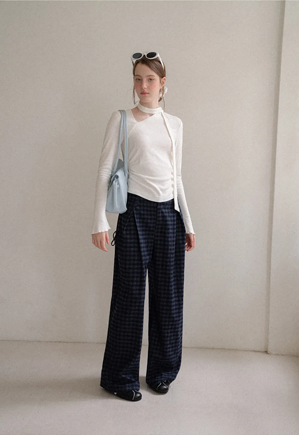 Wide Leg Plaid Pleated Casual Pants