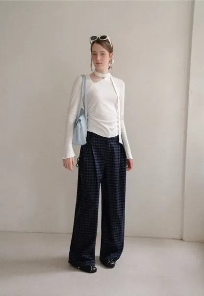 Wide Leg Plaid Pleated Casual Pants