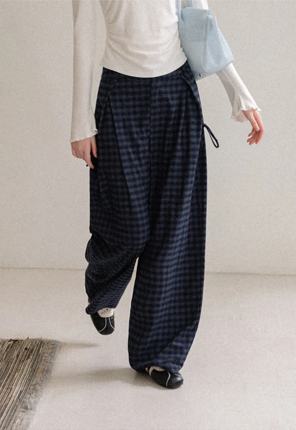Wide Leg Plaid Pleated Casual Pants