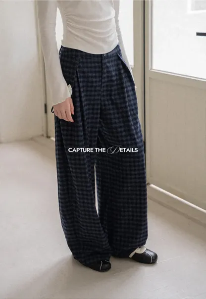 Wide Leg Plaid Pleated Casual Pants