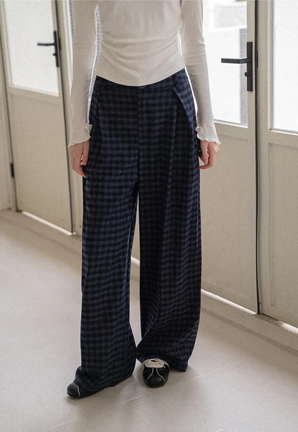 Wide Leg Plaid Pleated Casual Pants