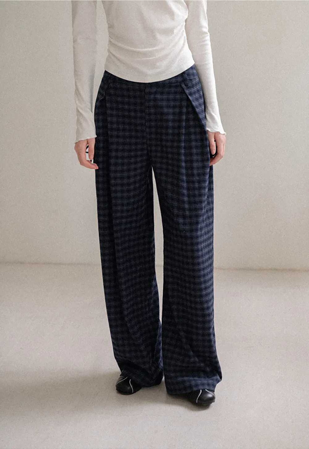Wide Leg Plaid Pleated Casual Pants