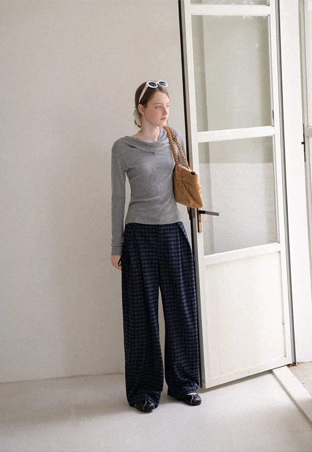 Wide Leg Plaid Pleated Casual Pants