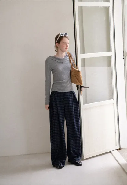 Wide Leg Plaid Pleated Casual Pants
