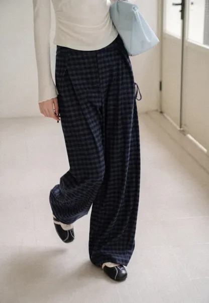 Wide Leg Plaid Pleated Casual Pants