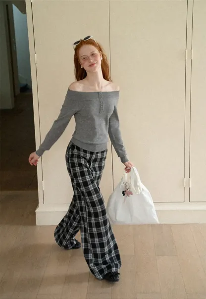Wide Leg Plaid Pattern Casual Pants