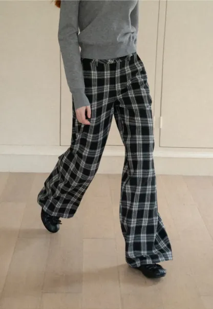 Wide Leg Plaid Pattern Casual Pants