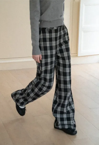 Wide Leg Plaid Pattern Casual Pants