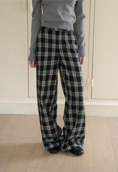 Wide Leg Plaid Pattern Casual Pants