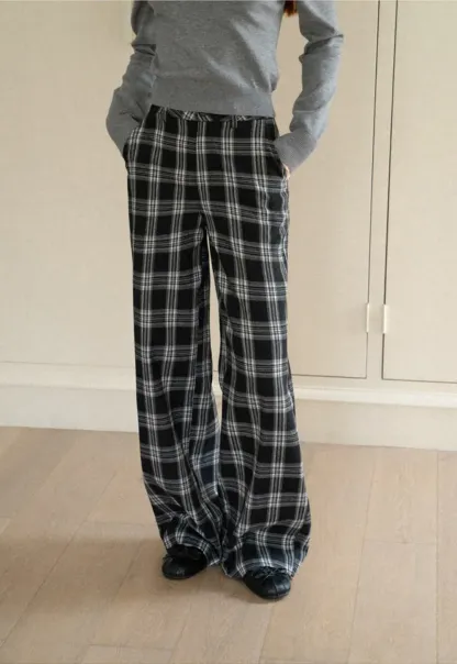 Wide Leg Plaid Pattern Casual Pants