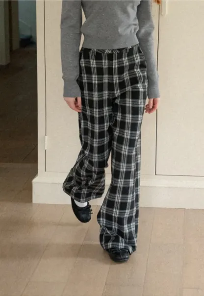 Wide Leg Plaid Pattern Casual Pants